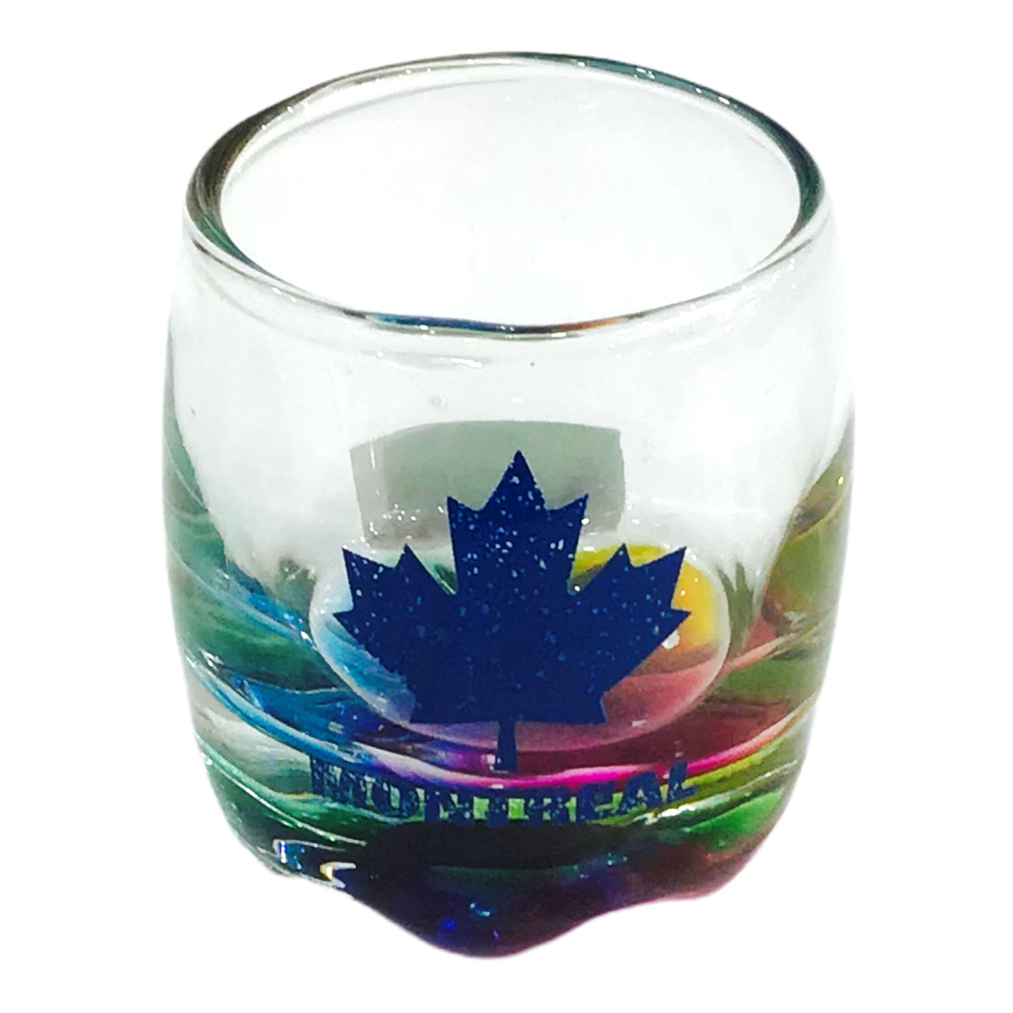 Montreal Maple Leaf Blue Theme Round shot glass with bubbled base and vibrant rainbow colors on the bottom Vodka Shooter Glass