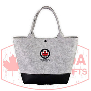 Montreal Plaid Maple Leaf Light gray felt women's large handbag, middle button closed, durable handle, reusable shopping bag, school beach grass Travel Gift bag