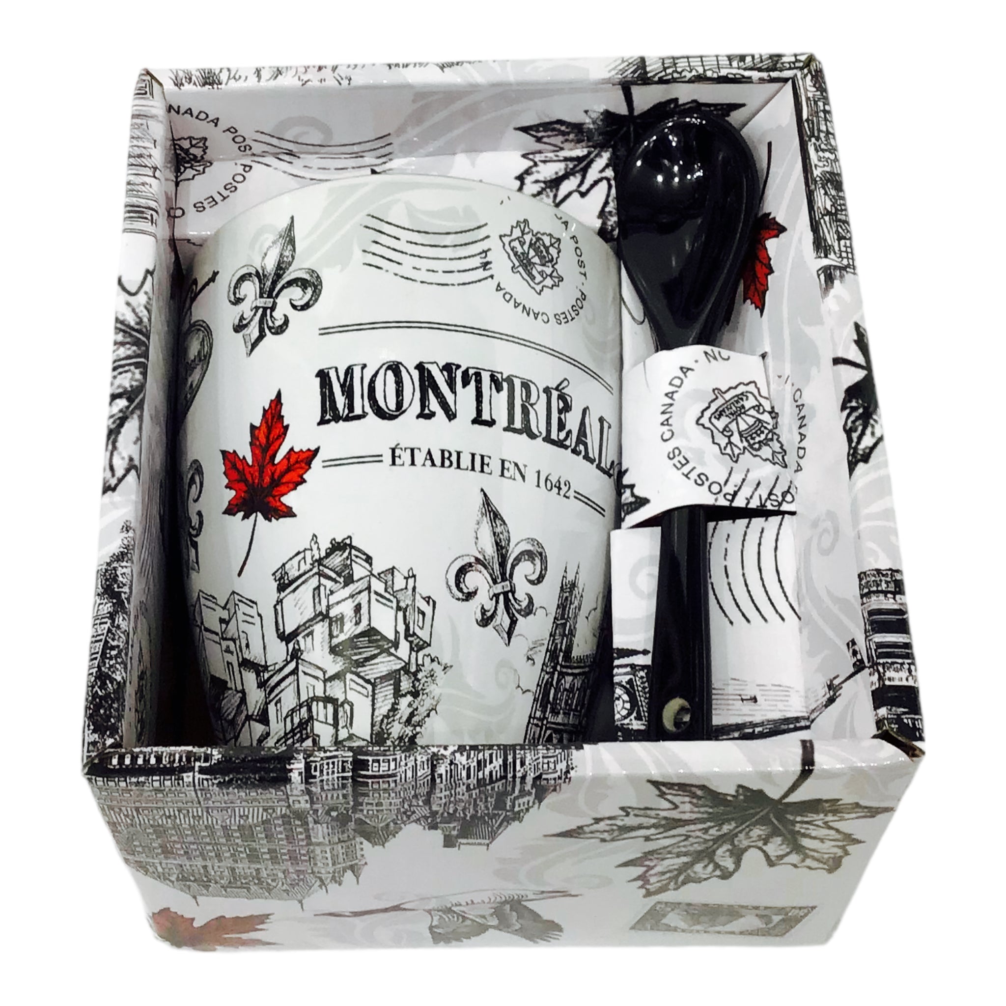 Montreal Scene Vintage Maple Leaf Coffee Mug with Spoon W/ Box. 11oz Souvenir Tea Cup