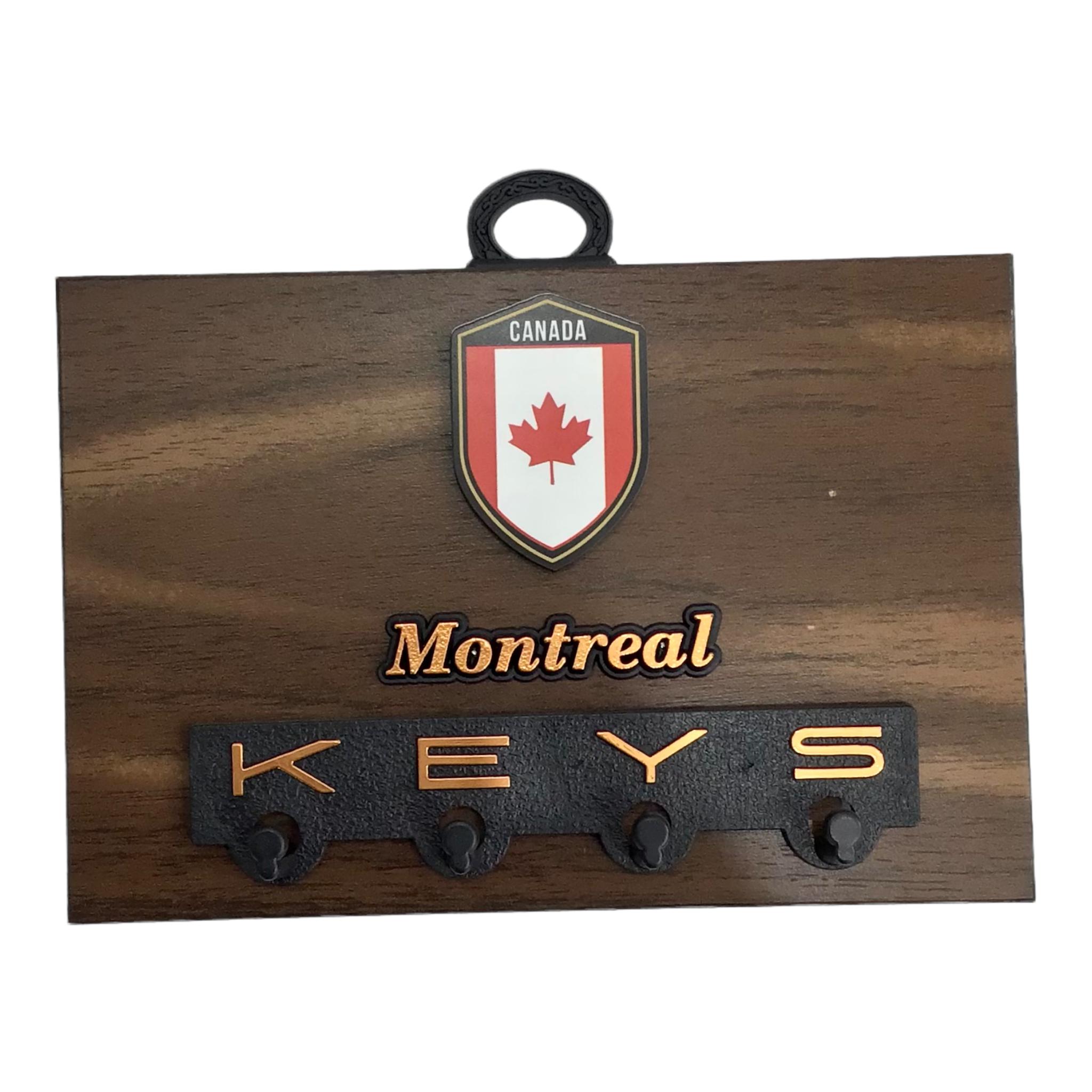 Montreal Souvenir Wall Plaque Maple Leaves with Key Holder on Hickory 6” x 4”