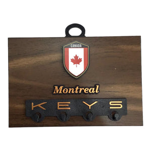 Montreal Souvenir Wall Plaque Maple Leaves with Key Holder on Hickory 6” x 4”