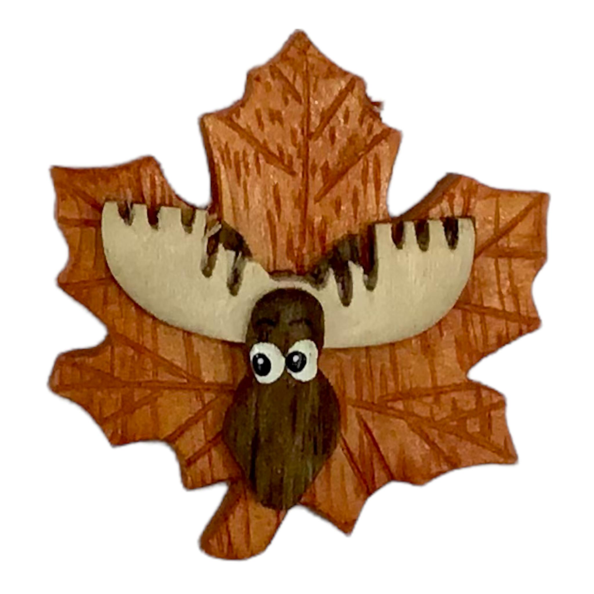 Moose maple leaf natural wooden magnet