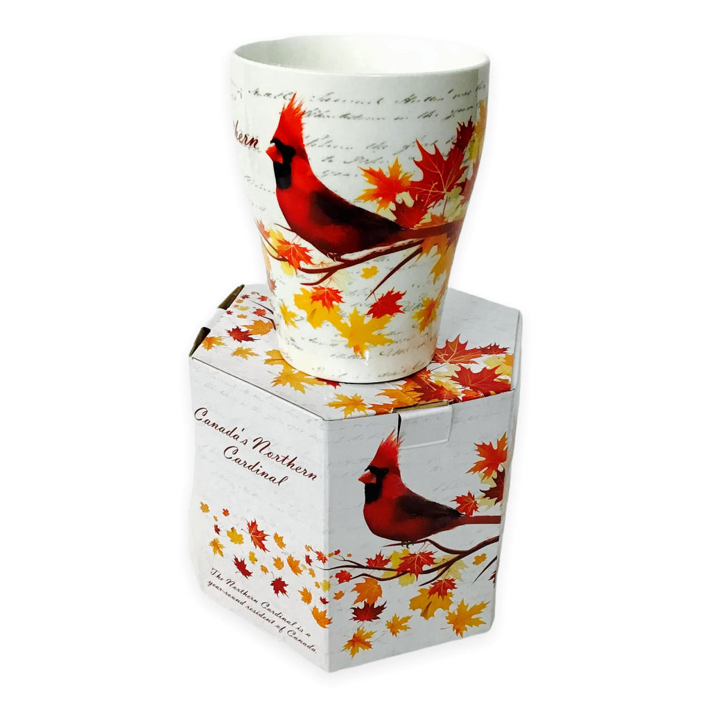 Mug - Canadian Northern Cardinal on Maple Leaf Tree - China Bone Cup w/ Matching Box