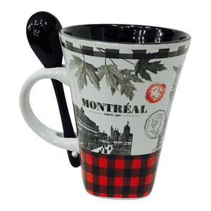 Mug - Montreal Vintage Ceramic Buffalo Plaid Coffee Mug with Black Spoon | Canadian Souvenir Cups | Tea Espresso Cup with Gift Box