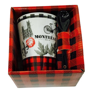 Mug - Montreal Vintage Ceramic Buffalo Plaid Coffee Mug with Black Spoon | Canadian Souvenir Cups | Tea Espresso Cup with Gift Box