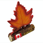 Orange Maple Leaf with Wood Log Shaped Stand and Canada Flag Art Decoration Ceramic
