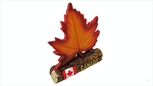 Orange Maple Leaf with Wood Log Shaped Stand and Canada Flag Art Decoration Ceramic