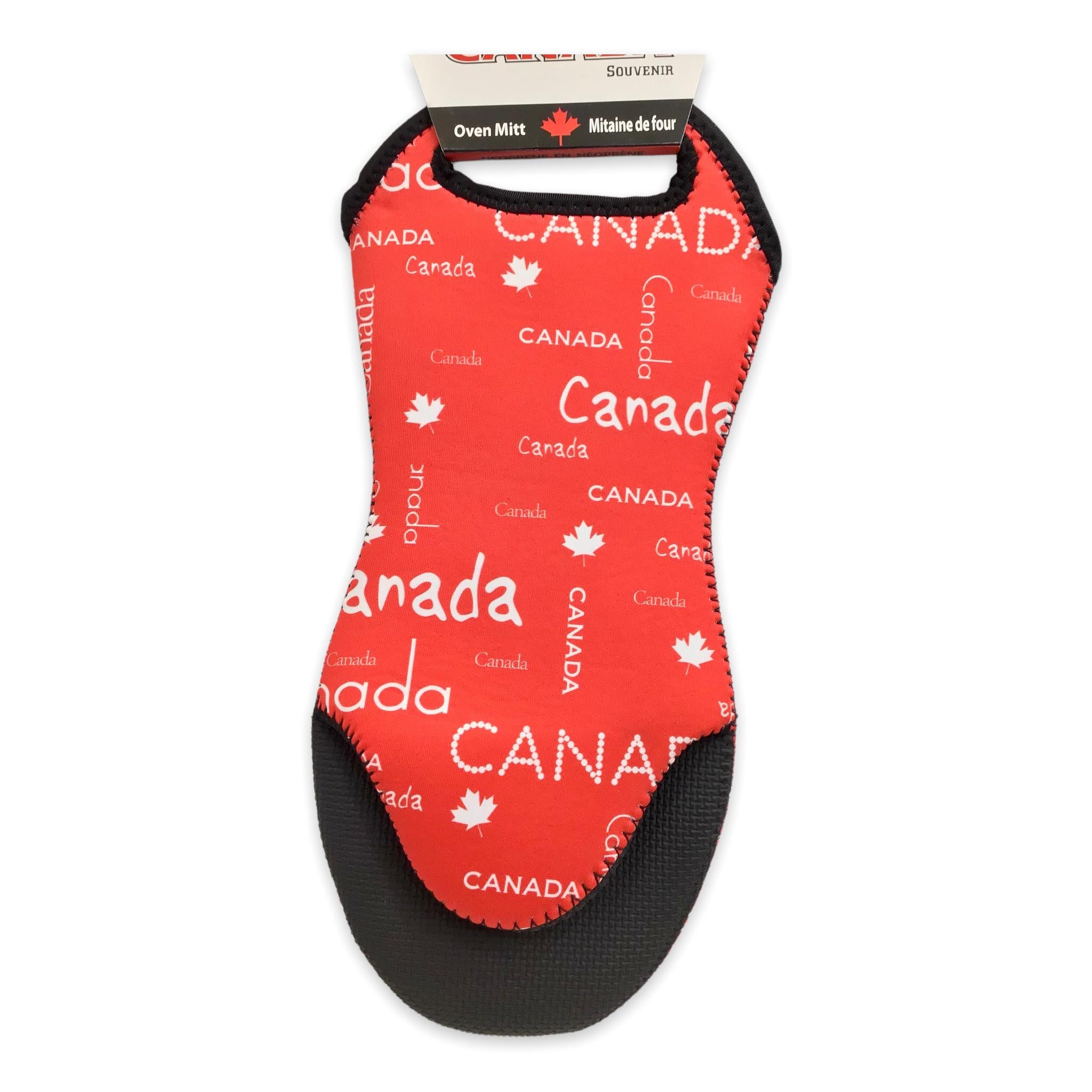 Oven Mitt Canada red silicone found on gripping side. Constructed of 100% Neoprene | Mitaine de four Souvenir Canada