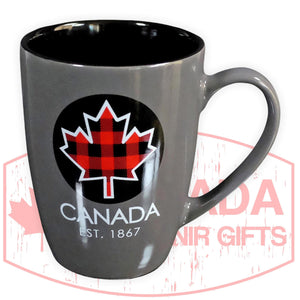Plaid Maple Leaf Coffee Mug - Canada Est. 1867 Coffee Cup 12oz Ceramic Grey/Black