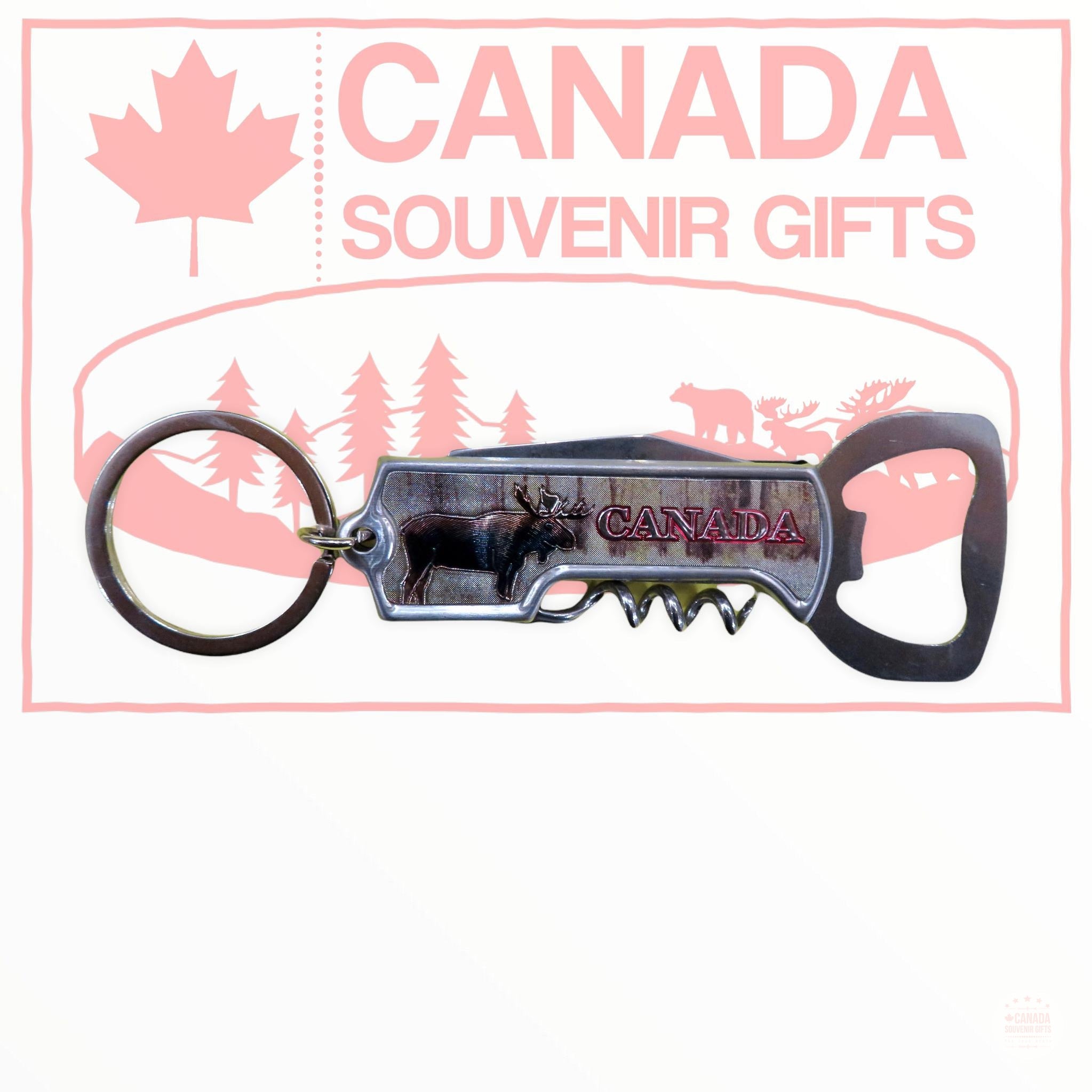 Pocket Knife - Canada Moose Themed Keychain - Bottle & Wine Opener Souvenir