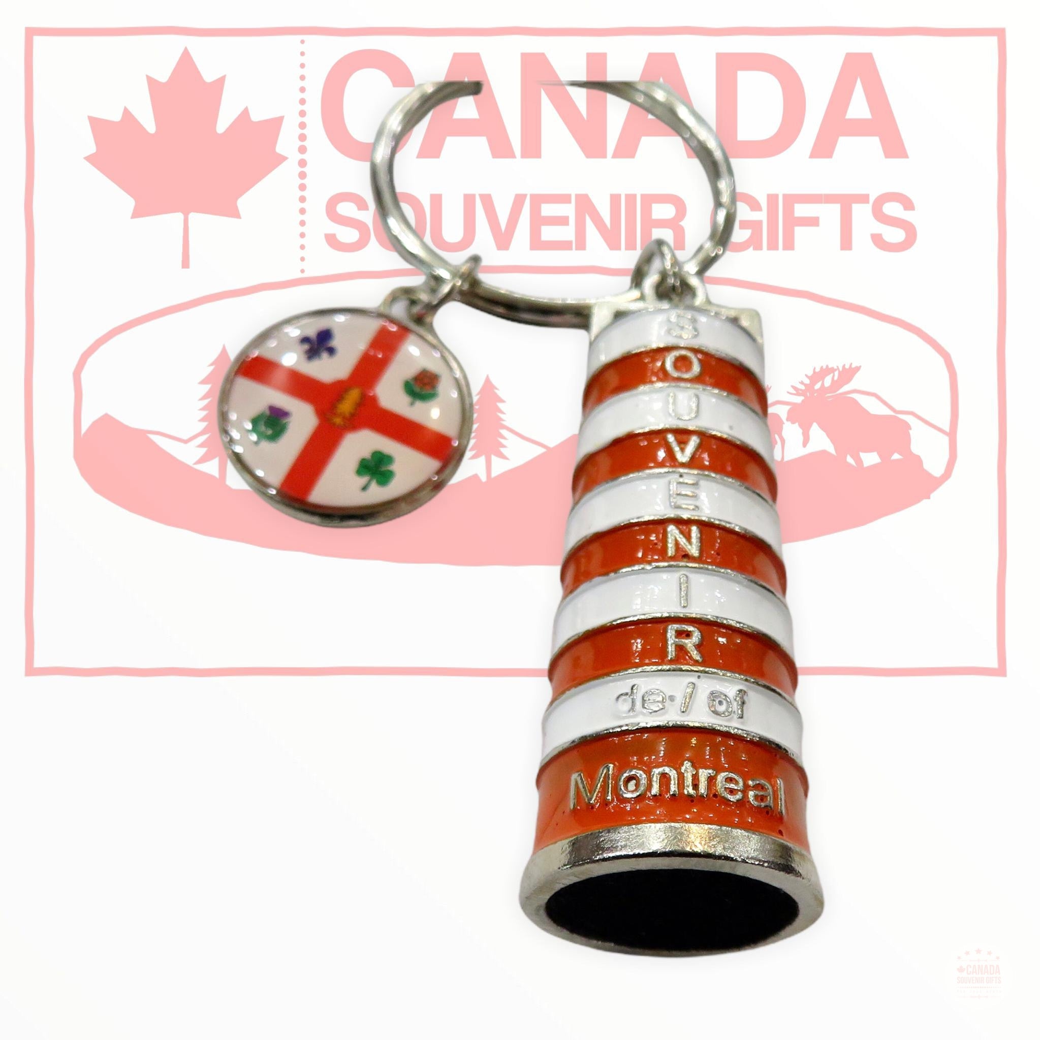 Road Sign Keychain Quebec Road Construction Pole Sign Keychain with Montreal Flag
