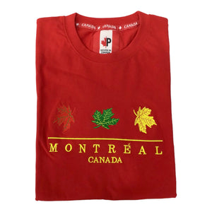 RED T-SHIRT MONTREAL EMBROIDERY RED GREEN YELLOW MAPLE LEAF COTTON SHIRT