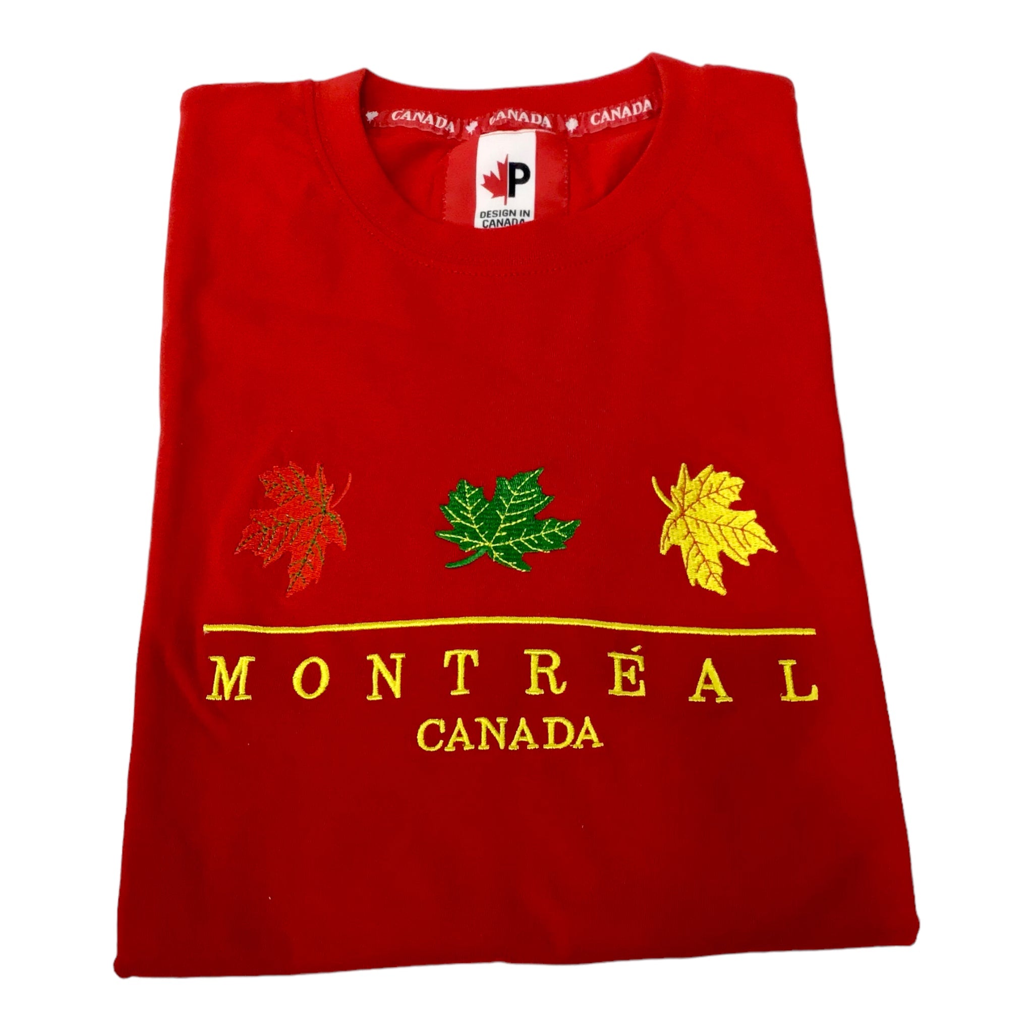 RED T-SHIRT MONTREAL EMBROIDERY RED GREEN YELLOW MAPLE LEAF COTTON SHIRT