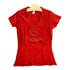 Red Canada Montréal Rhinestone Womens V Neck T Shirt w/ Red Maple Leaf