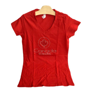 Red Canada Montréal Rhinestone Womens V Neck T Shirt w/ Red Maple Leaf