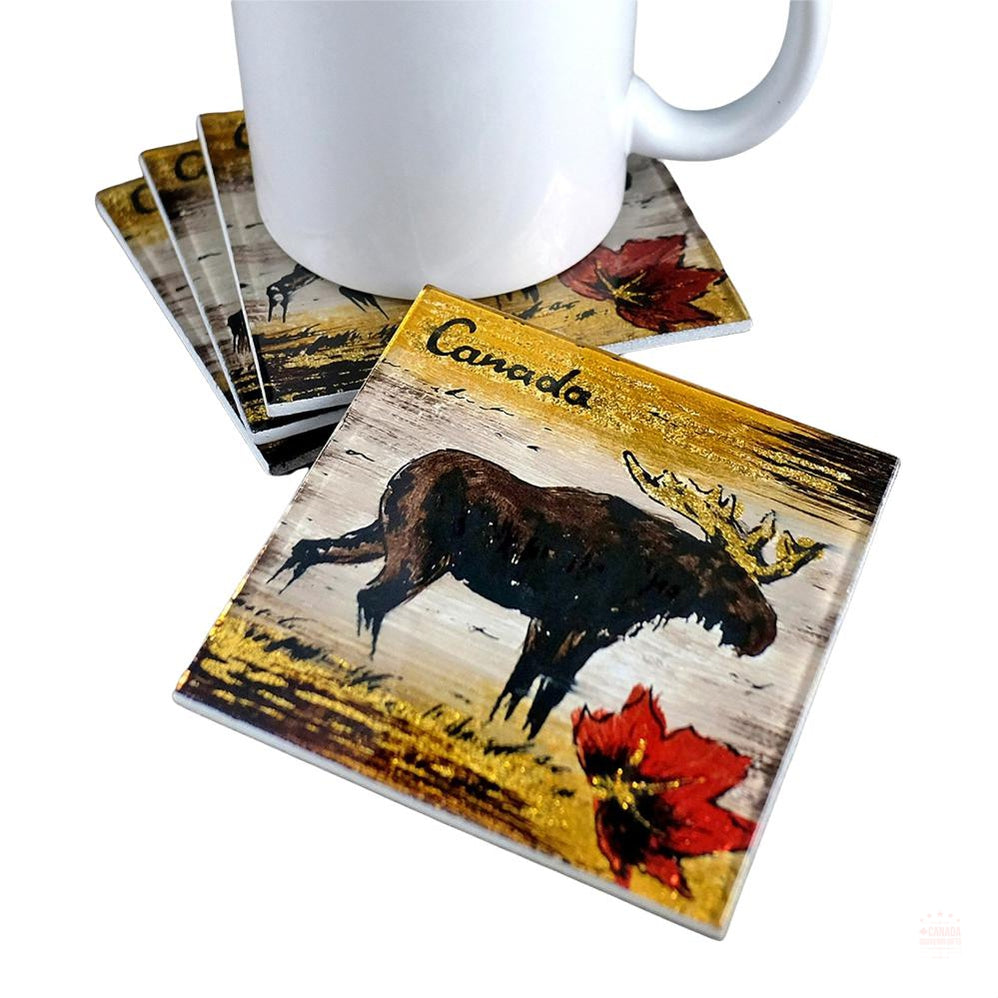 S/4 GLASS COASTER 4x4" MOOSE CANADA AND MAPLE LEAF CANADIAN PREMIUM SOUVENIR GIFT