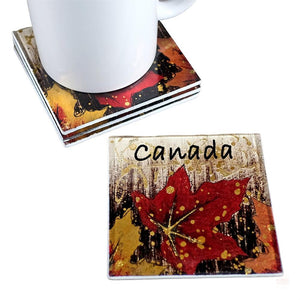 SET OF 4 GLASS COASTER 4"x4" CANADA MAPLE LEAF CANADIAN PREMIUM SOUVENIR GIFT CAN BE OFFERED FOR ALL OCCASIONS