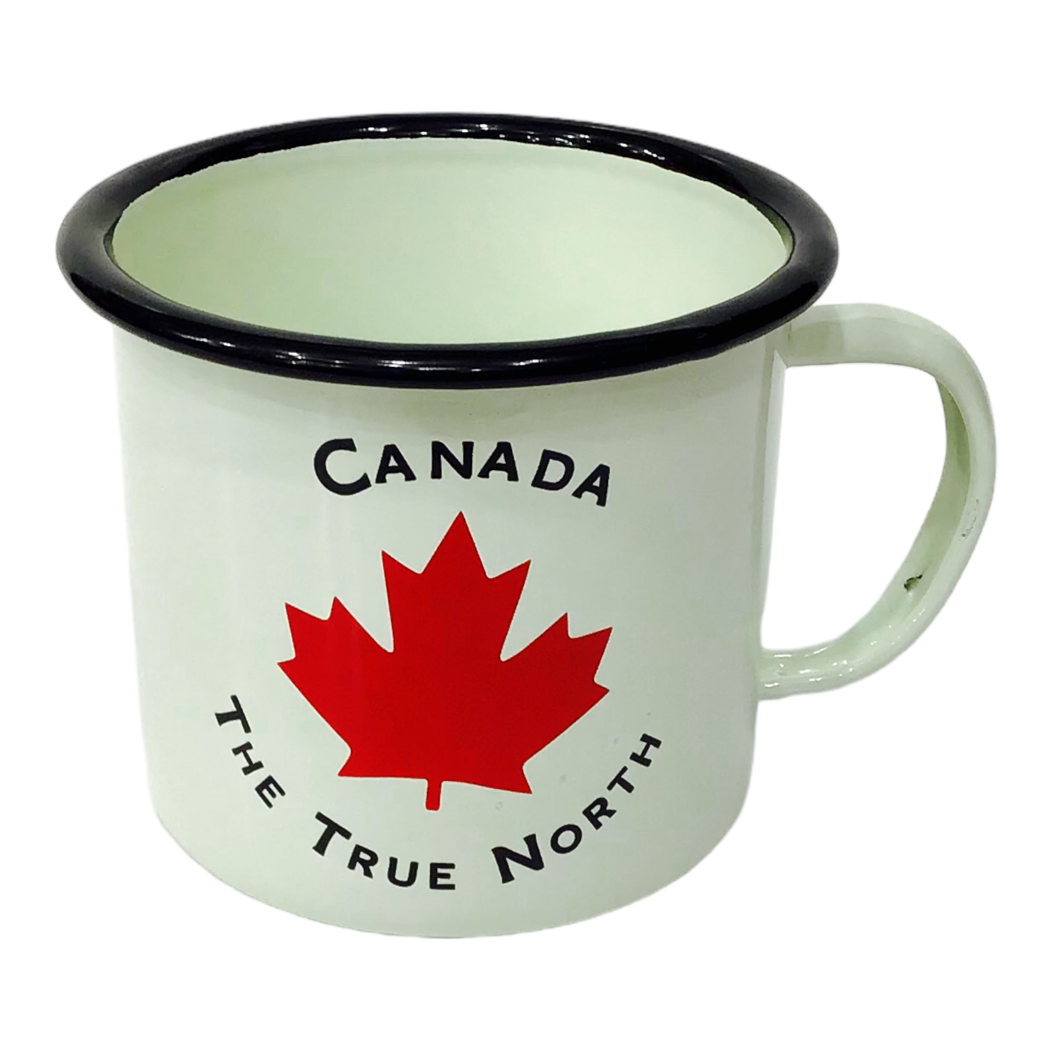 TIN COFFEE MUG - RED MAPLE LEAF ON OFF-WHITE TRAVEL PICNIC AND CAMPING METAL CUP. THE TRUE NORTH CANADA
