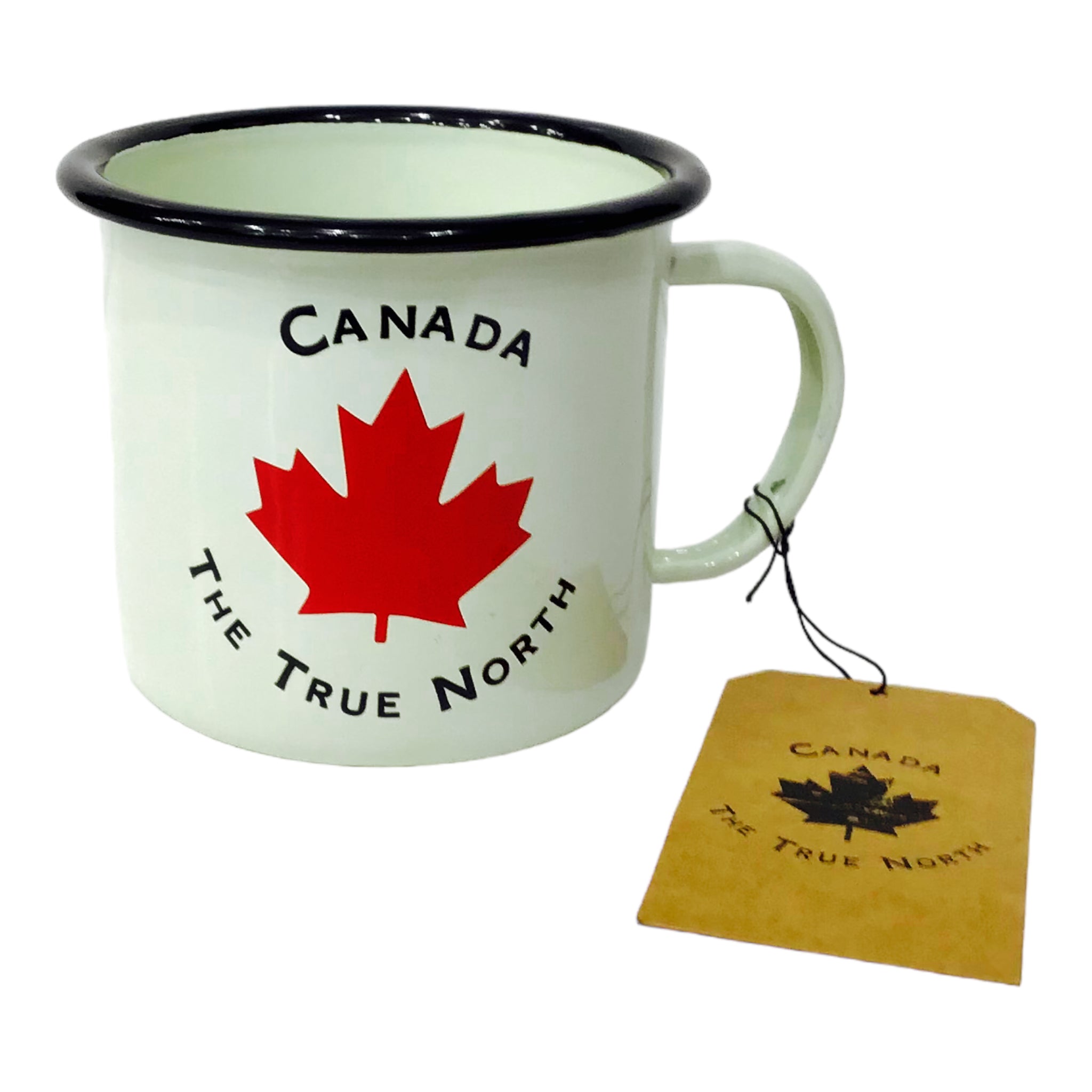 TIN COFFEE MUG - RED MAPLE LEAF ON OFF-WHITE TRAVEL PICNIC AND CAMPING METAL CUP. THE TRUE NORTH CANADA