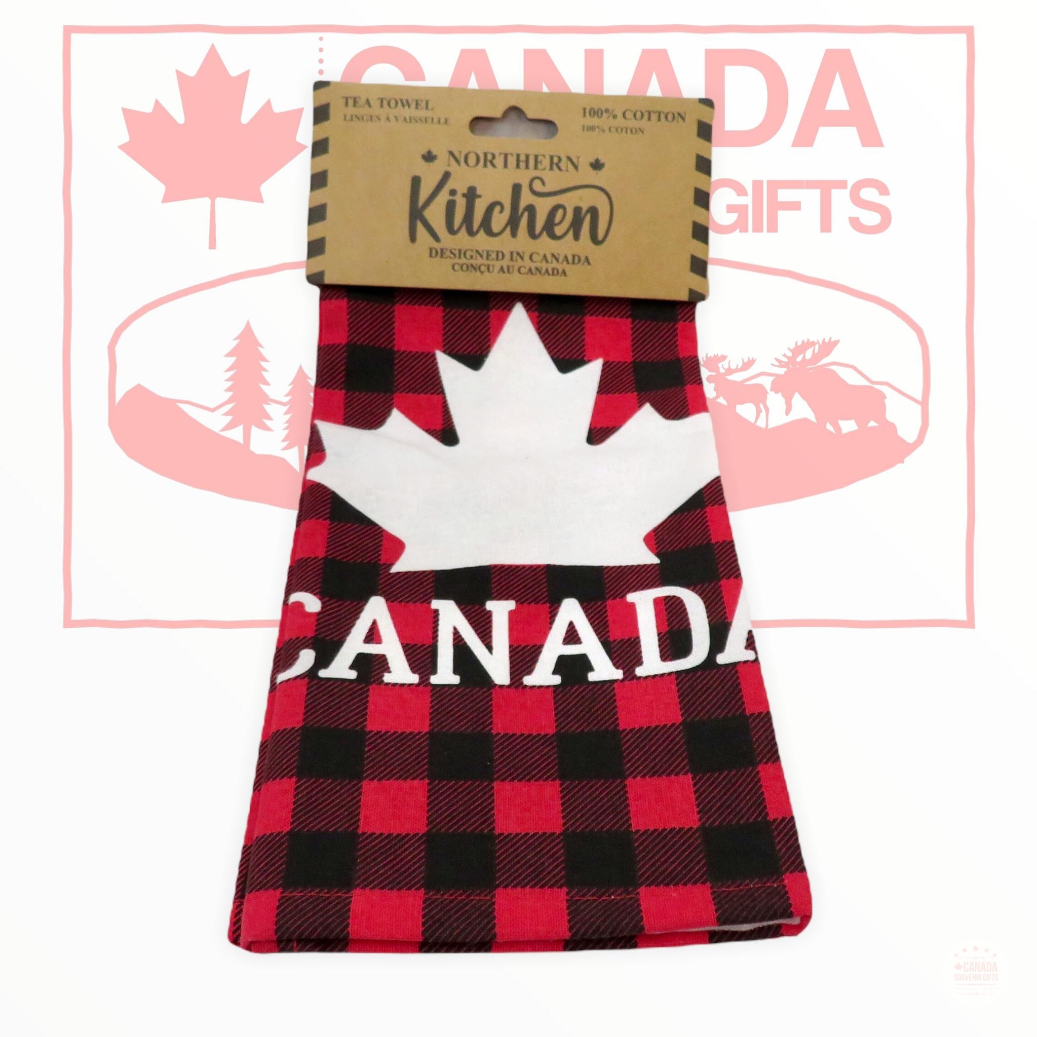 Tea Towel Canada Red and Black Buffalo Plaid on White - Canadian Vintage for Kitchen Dinning