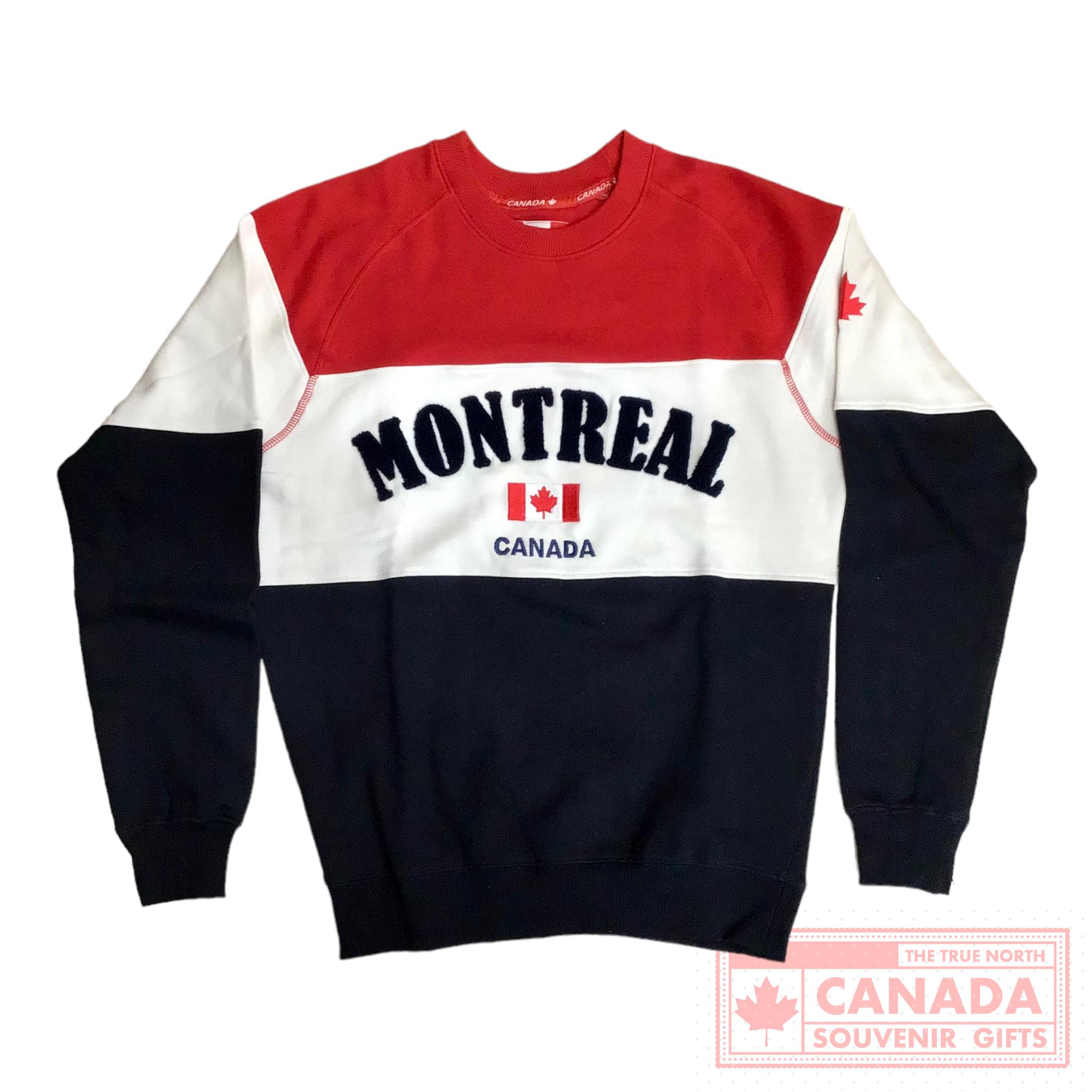 Unisex Montreal Three Tone Crew Neck - Tommy Style White Red & Navy Pullover Hoodie - CHENILLE AND EMBROIDERY DESIGN