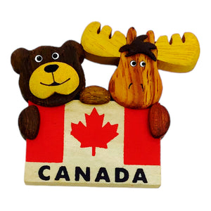Wood Magnet - Moose and Bear w/ Canadian Flag Handmade Fridge Magnet Souvenir
