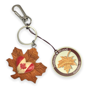 Wooden Keychain - Heart with Canada Flag Design Maple Leaf Canada Natural Wood Key Ring