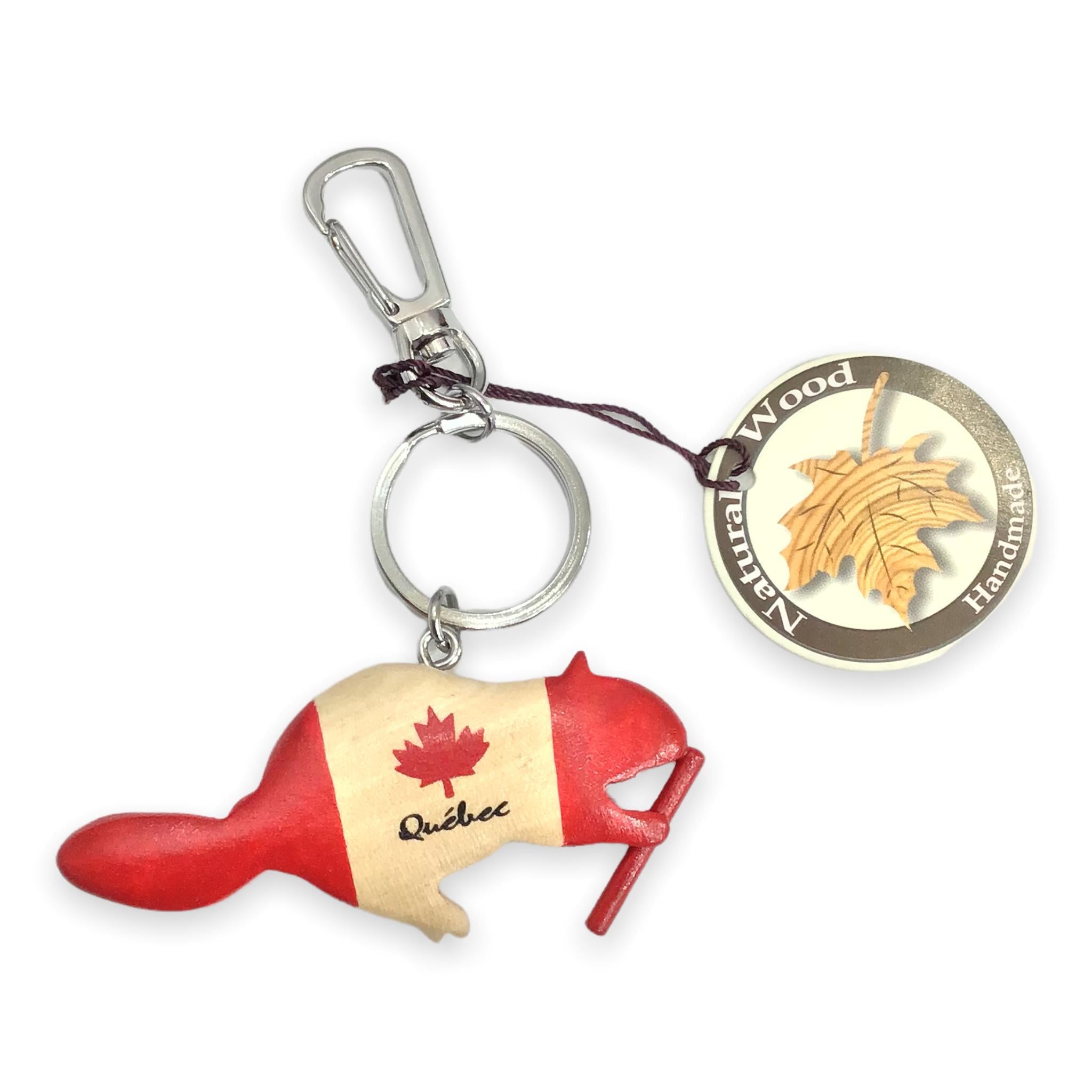 Wooden Keychain - Quebec Beaver w/ Canada Flag Design Natural Wood Canada Key Ring