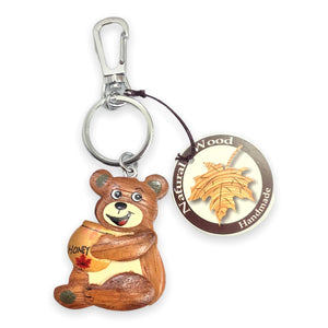 Wooden Keychain - Teddy Bear w/ Honey Jar Natural Wood Canada Key Ring